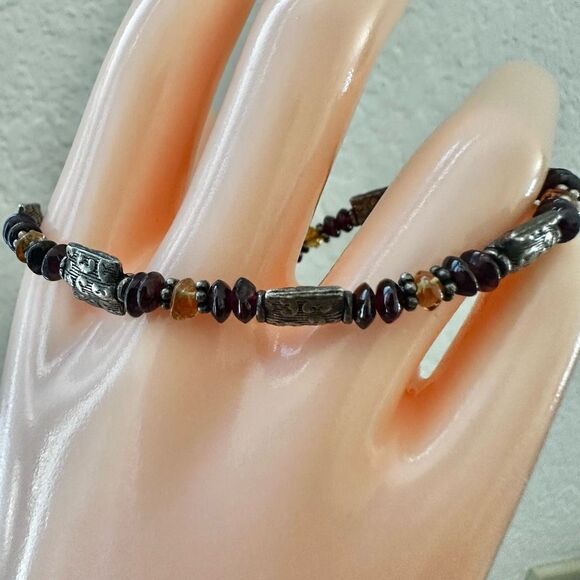 Sterling Silver Garnet & Amber Beaded Bracelet - Picture 3 of 11